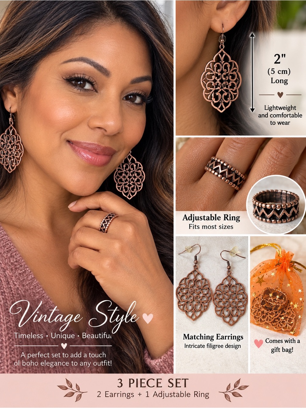3pcsVintage Style Copper Filigree Earrings & Adjustable Ring Set - Rose Copper